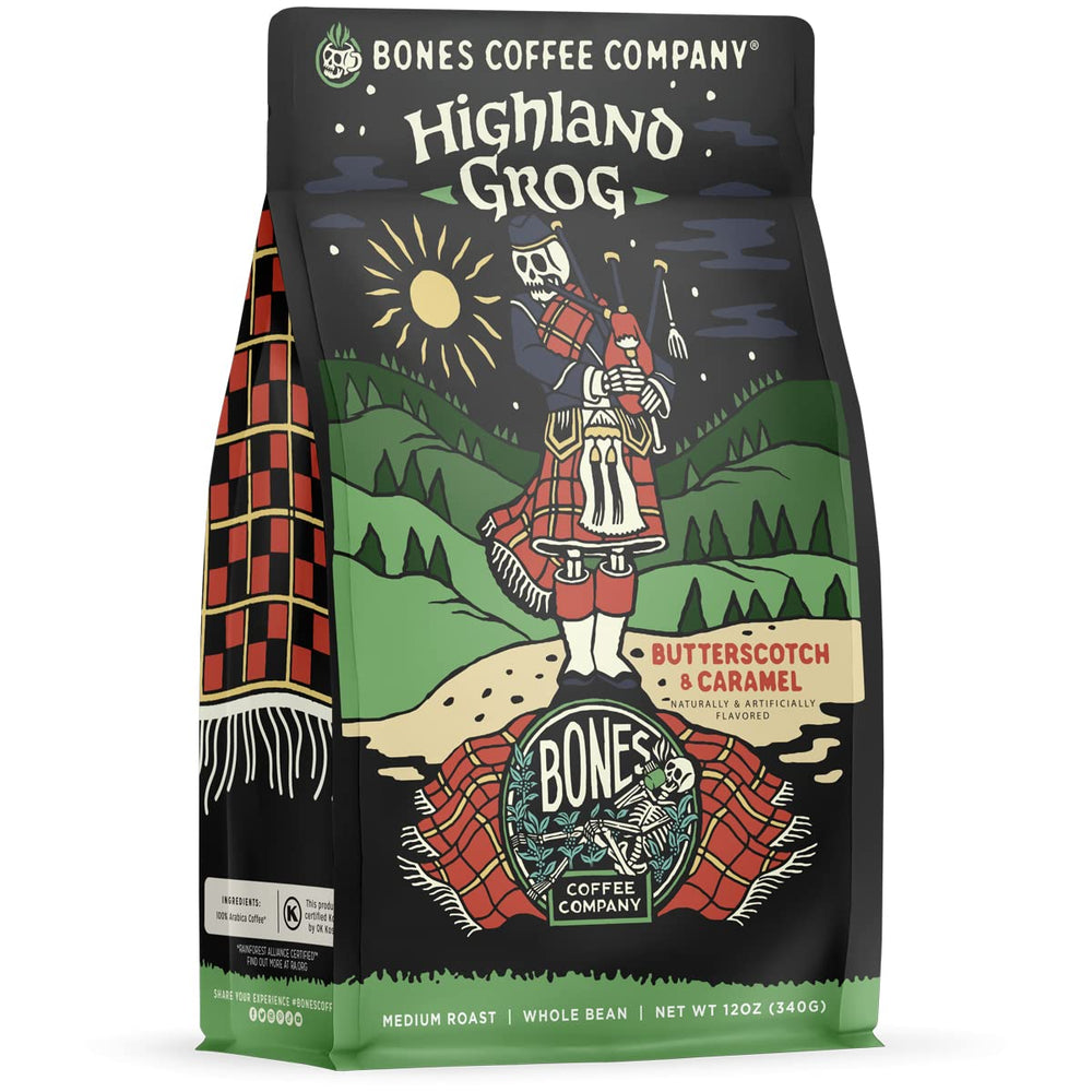 Bones Coffee Highland Grog beans ready for grinding, highlighting fresh aroma.