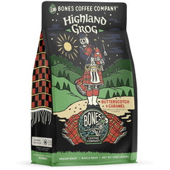 Bones Coffee Highland Grog beans ready for grinding, highlighting fresh aroma.