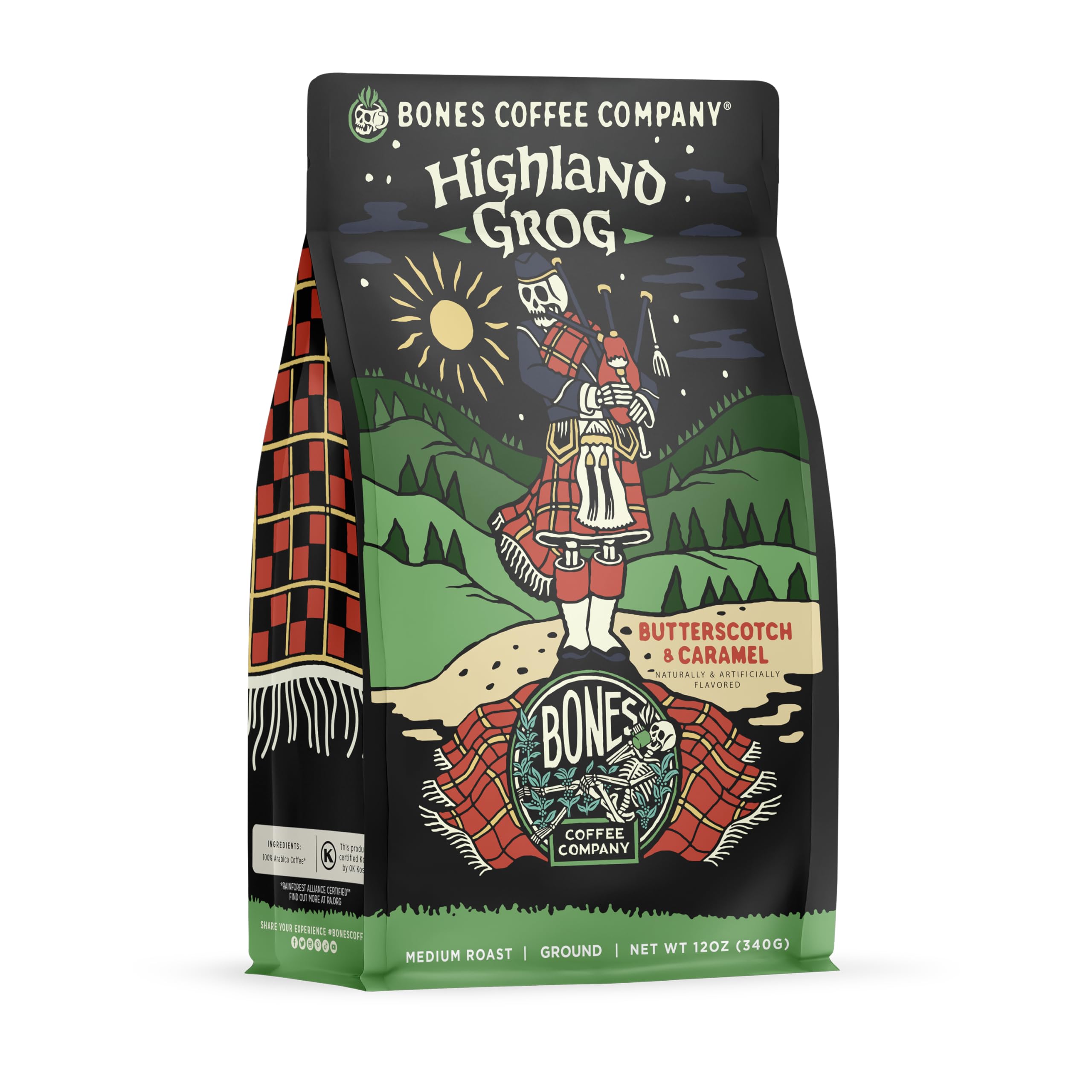 Bones Coffee Highland Grog pack closeup reveals rich aroma and premium packaging.