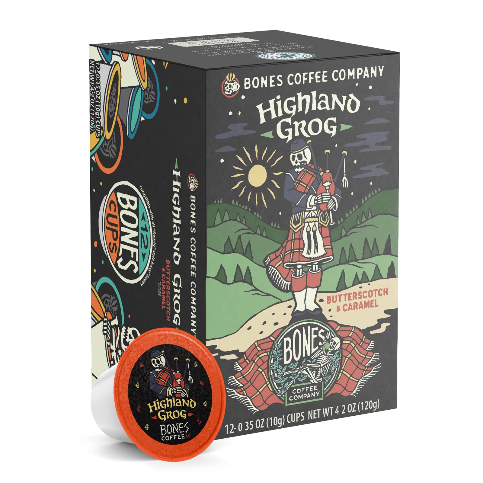 Bones Coffee Highland Grog pod showing bold aroma for a lively morning