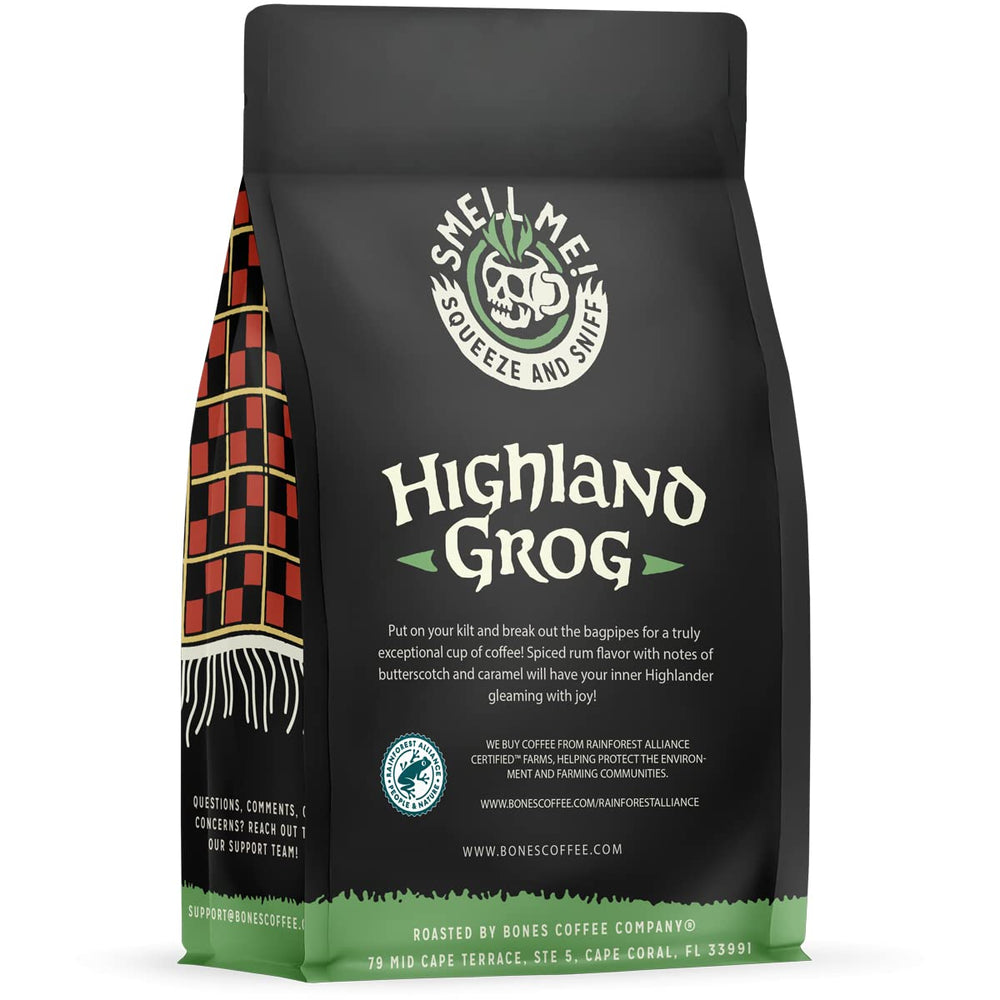 Bones Coffee Highland Grog resealable bag preserves freshness for daily use.