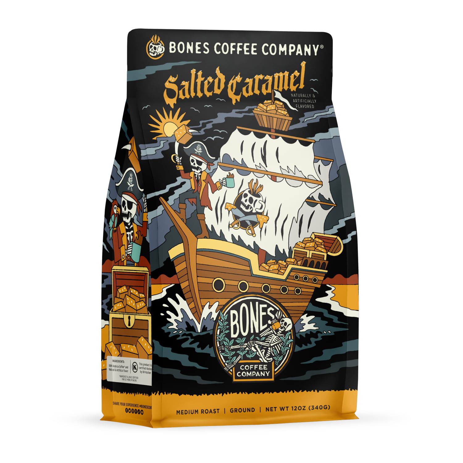 Bones Coffee salted caramel coffee bag showing premium aroma and potential flavor depth