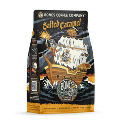 Bones Coffee Salted Caramel bag with resealable packaging preserves freshness.