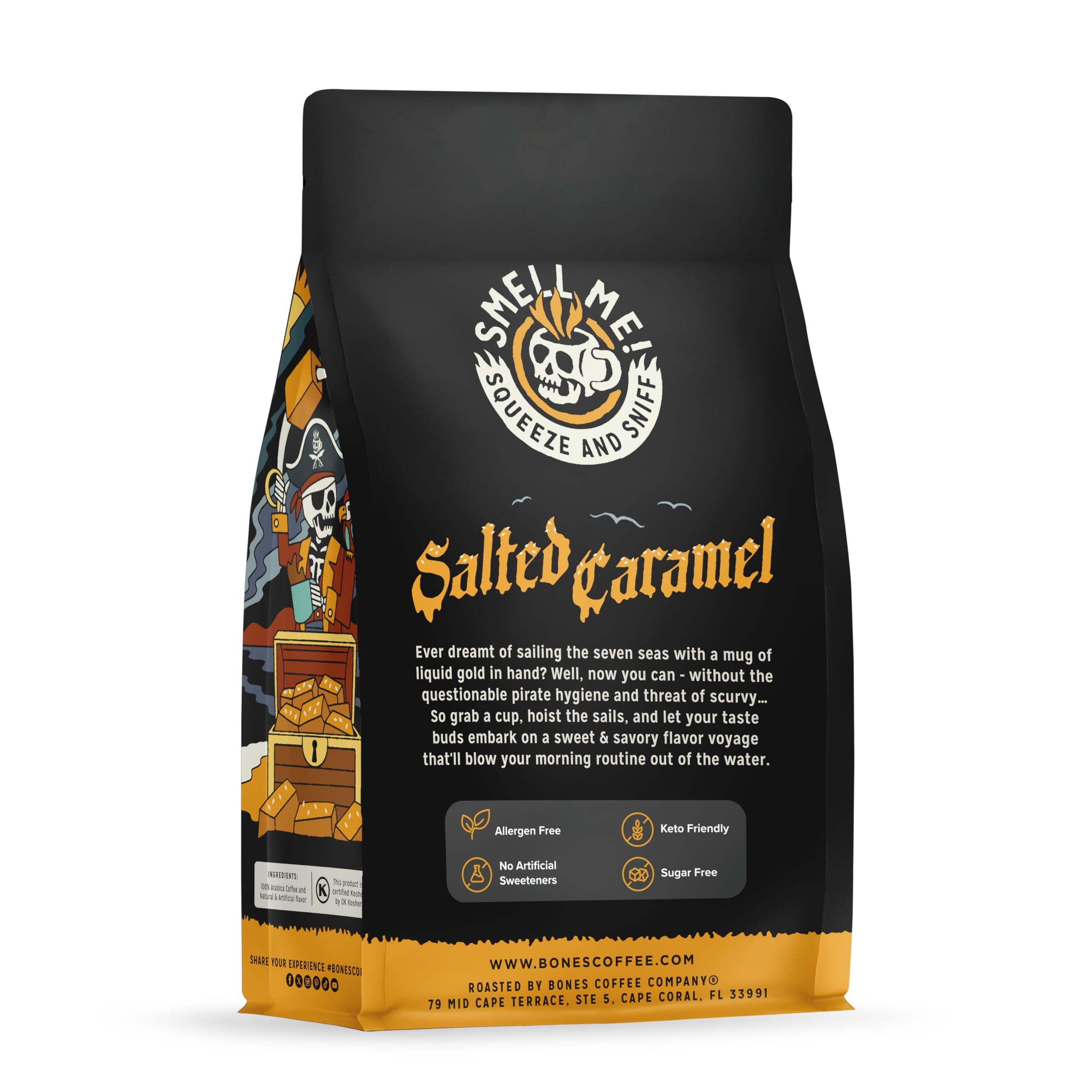 Bones Coffee Salted Caramel whole beans close-up highlighting smooth flavor.