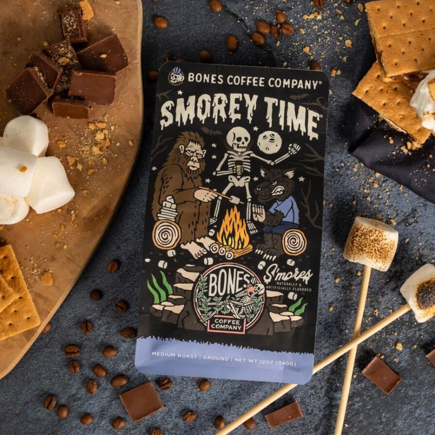 Bones Coffee S'morey Time ground coffee ready for auto drip brewing.
