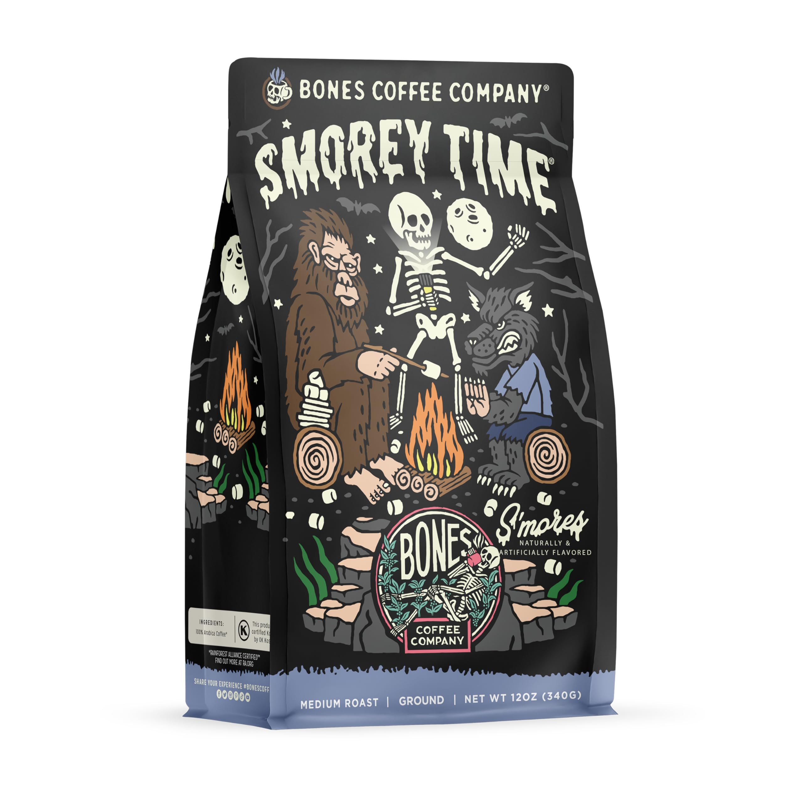 Bones Coffee S'morey Time resealable bag preserves freshness for daily brews.