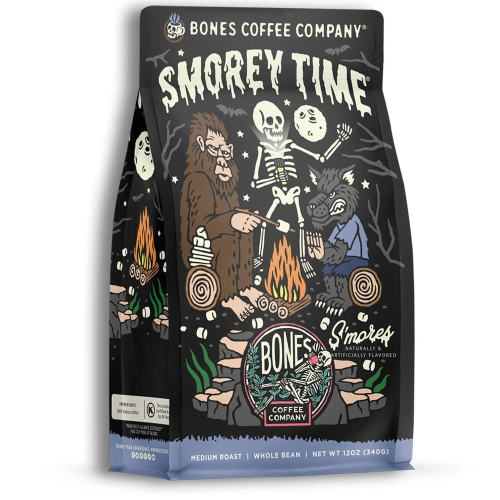 Bones Coffee S'morey Time front packaging showing campfire flavor cues.