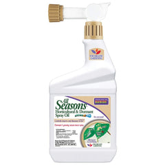 Bonide All Seasons Spray Oil bottle shown for year-round pest and disease protection.