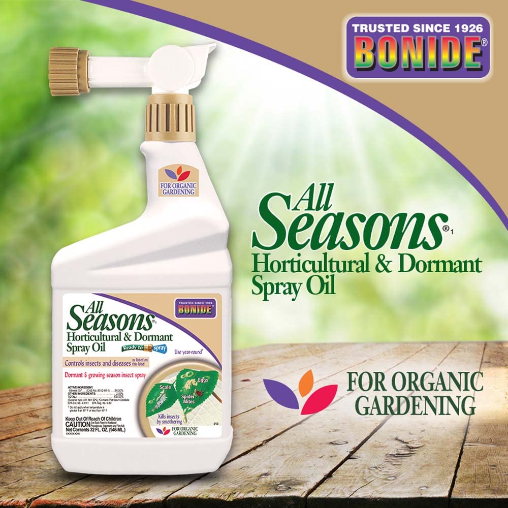 Bonide All Seasons Spray Oil at dormant stage protects trees during winter without leaves.