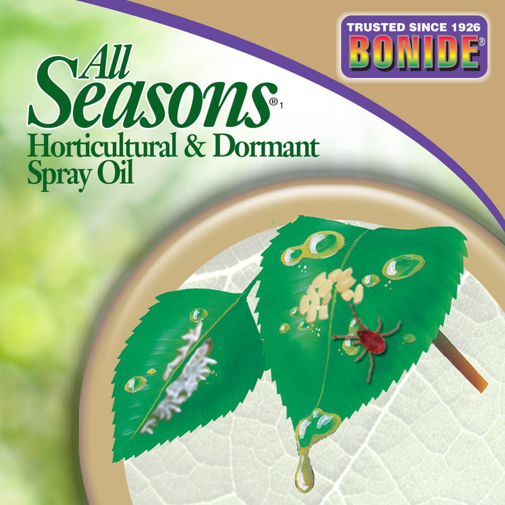Bonide All Seasons Spray Oil applied on fruit trees and vegetables provides residue-free coverage.