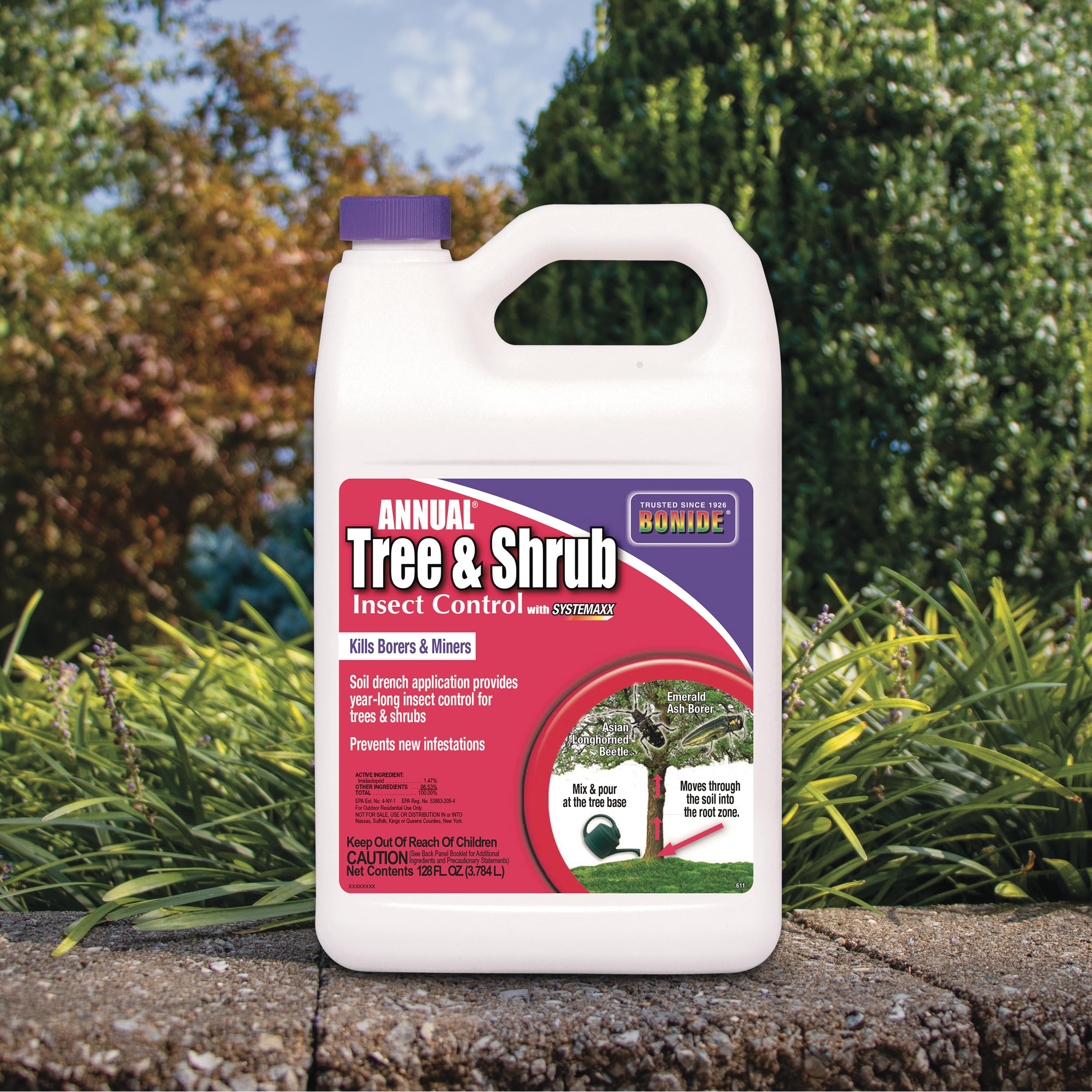 Bonide Annual concentrate ready to mix for drench application at trees.