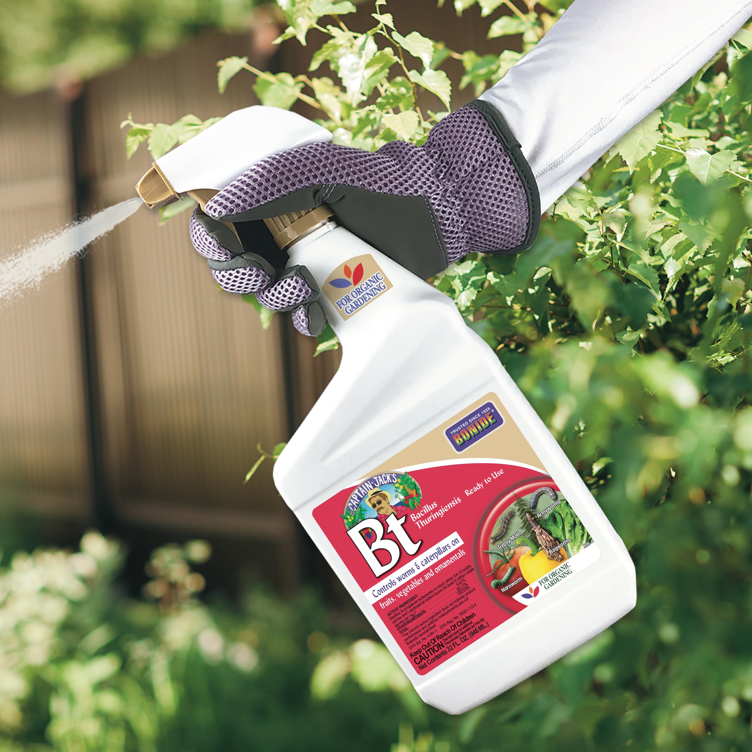 Bonide Captain Jack's Bt ready-to-use trigger sprayer provides even coverage.