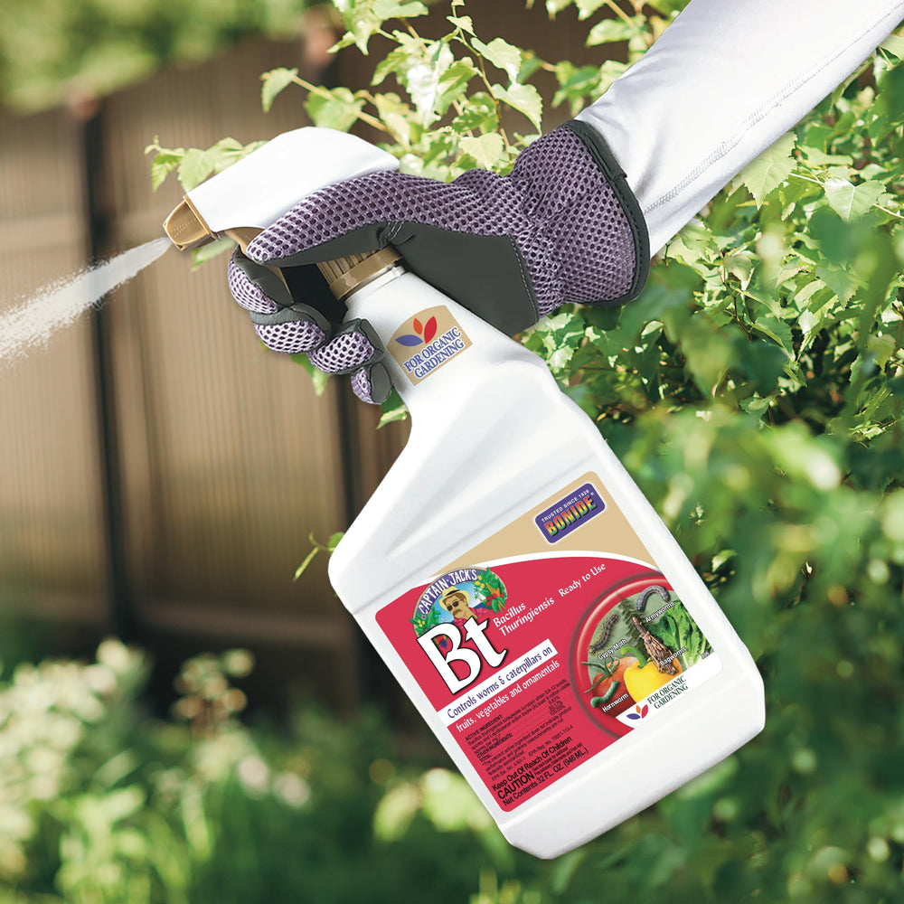 Bonide Captain Jack's Bt ready-to-use trigger sprayer provides even coverage.