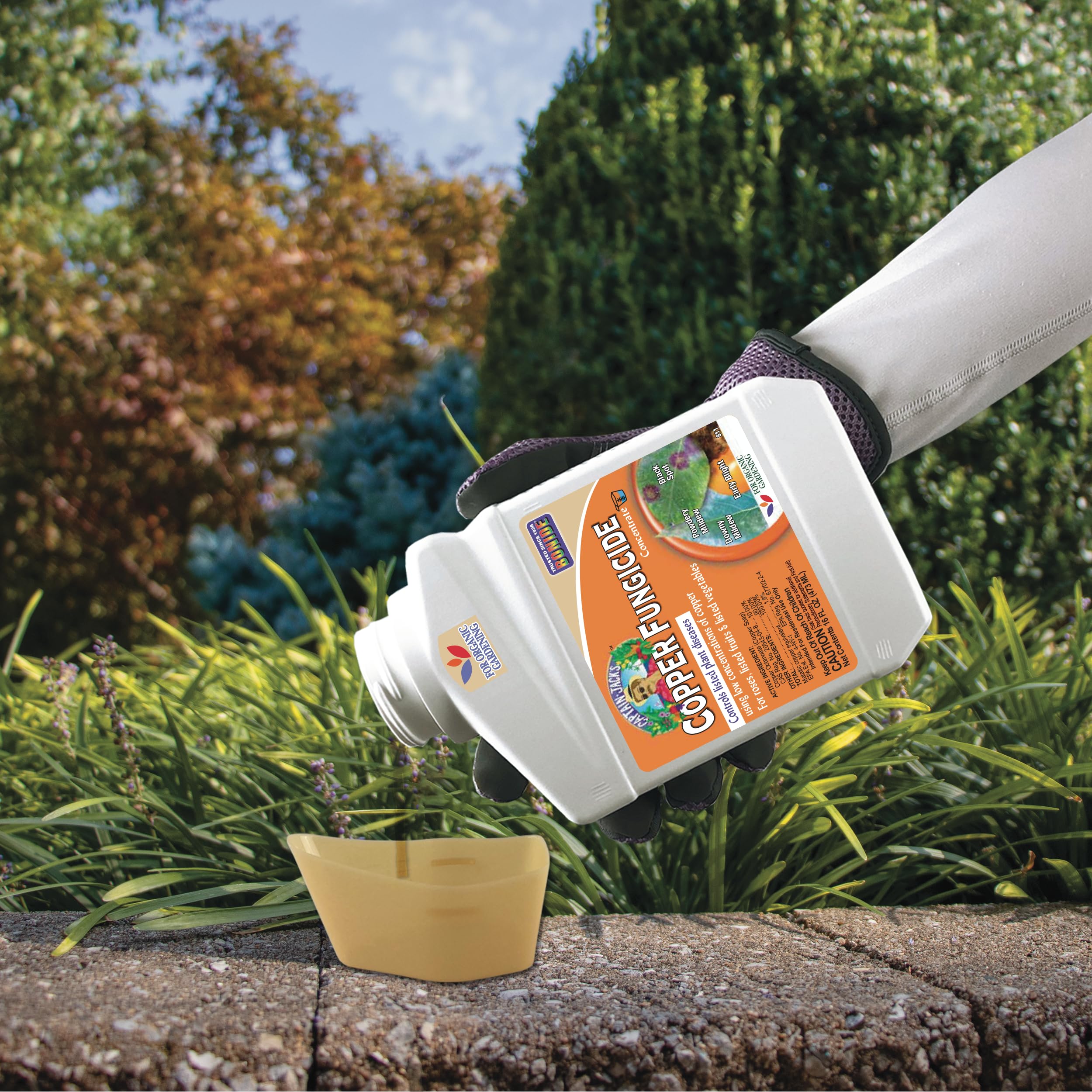 Captain Jack's Copper Fungicide in a spray bottle during garden care.