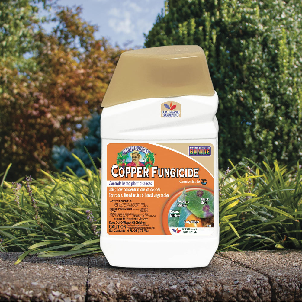 Label close-up of Captain Jack's Copper Fungicide for organic gardening.