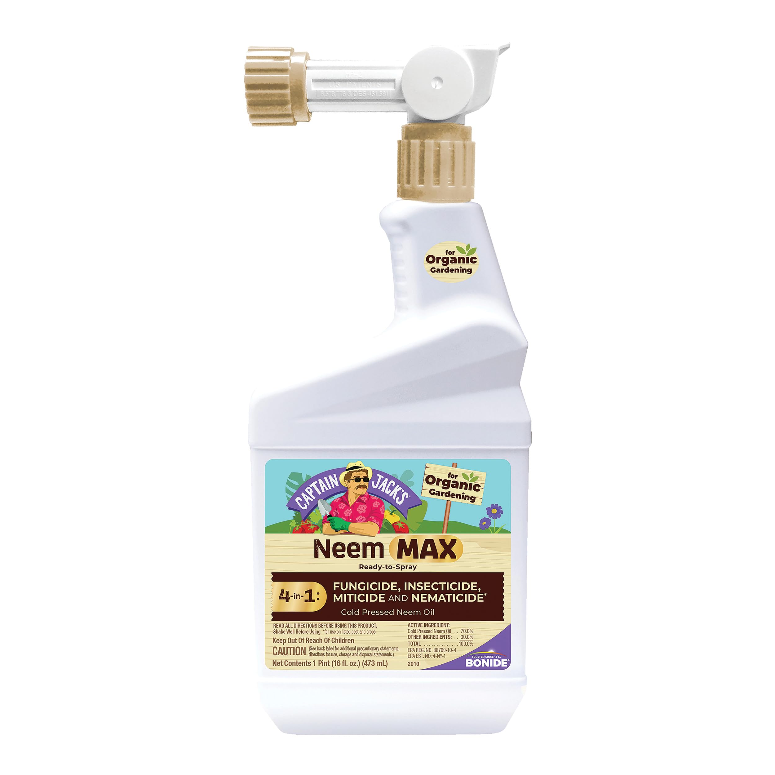 Bonide Captain Jack’s Neem Max ready-to-spray bottle protecting garden crops.