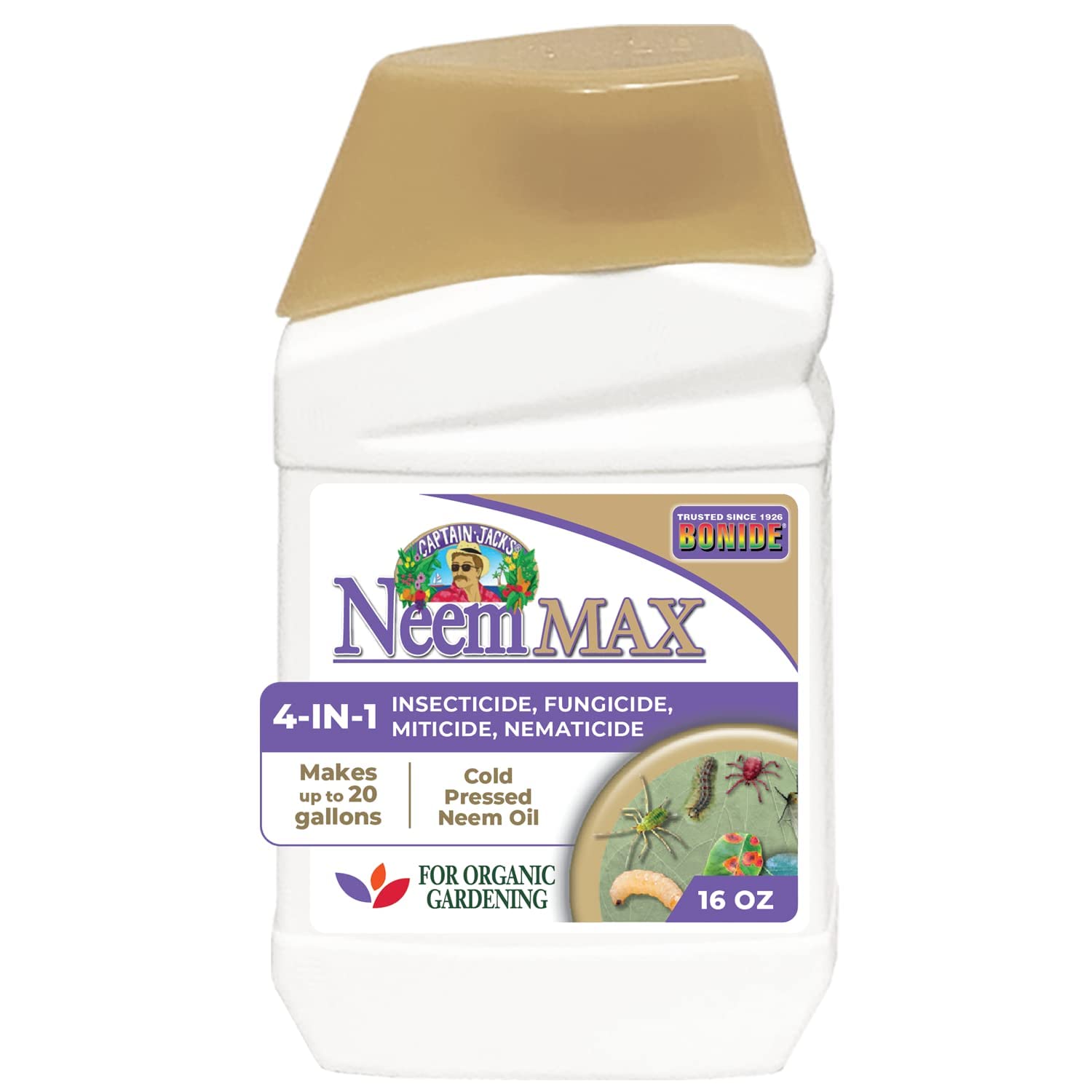 Bonide Captain Jack's NeemMax bottle ready for spray in an organic garden.