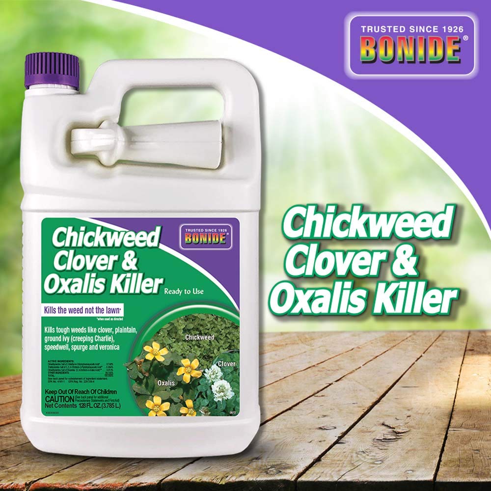 Bonide Chickweed Clover Oxalis Killer label close-up with usage instructions