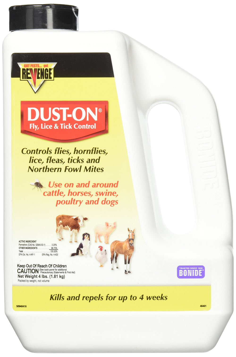Bonide Fly, Lice & Tick Dust-On for farm animals, ready to use, effective for up to 4 weeks.