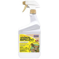 Bonide Hot Pepper Wax spray bottle helps deter deer, rabbits, and squirrels from gardens.