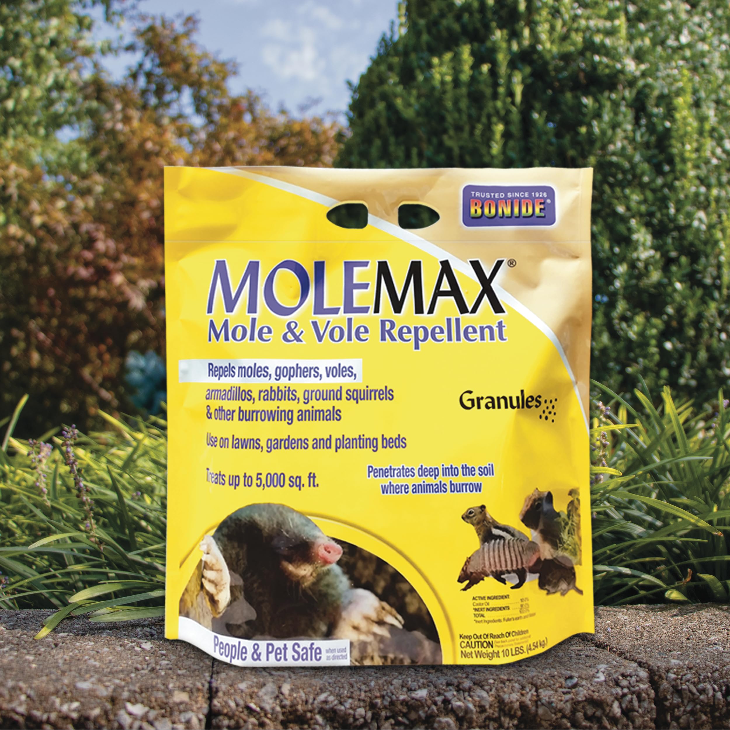 Close-up of MOLEMAX granules penetrating soil to deter burrowing animals.