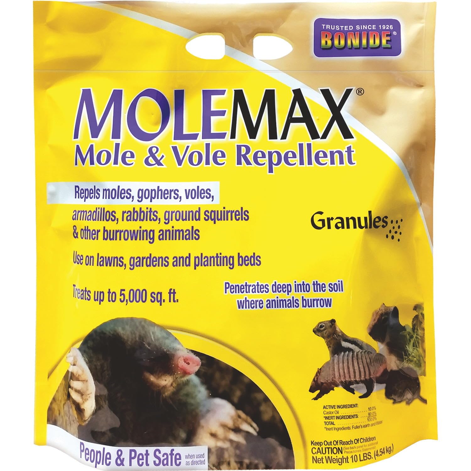 Bonide MOLEMAX granules ready-to-use on lawn to deter moles and voles.
