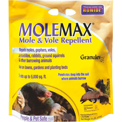Bonide MOLEMAX granules ready-to-use on lawn to deter moles and voles.
