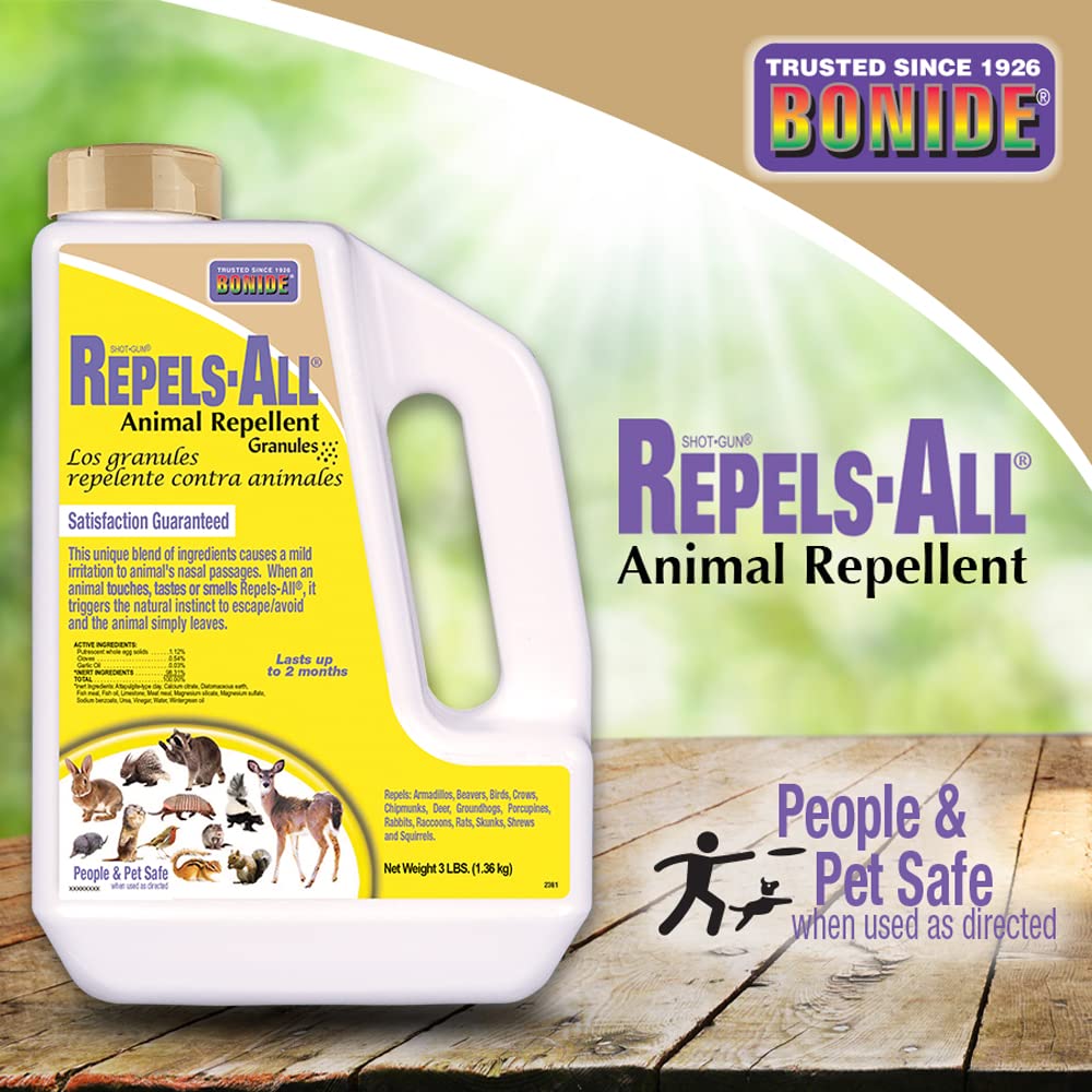 Bonide Repels-All 3lb bag ready for outdoor application on lawns.