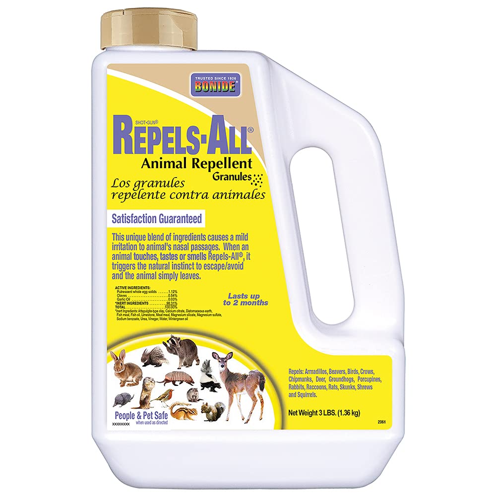 Bonide Repels-All granules deter deer and rabbits from lawns and gardens.