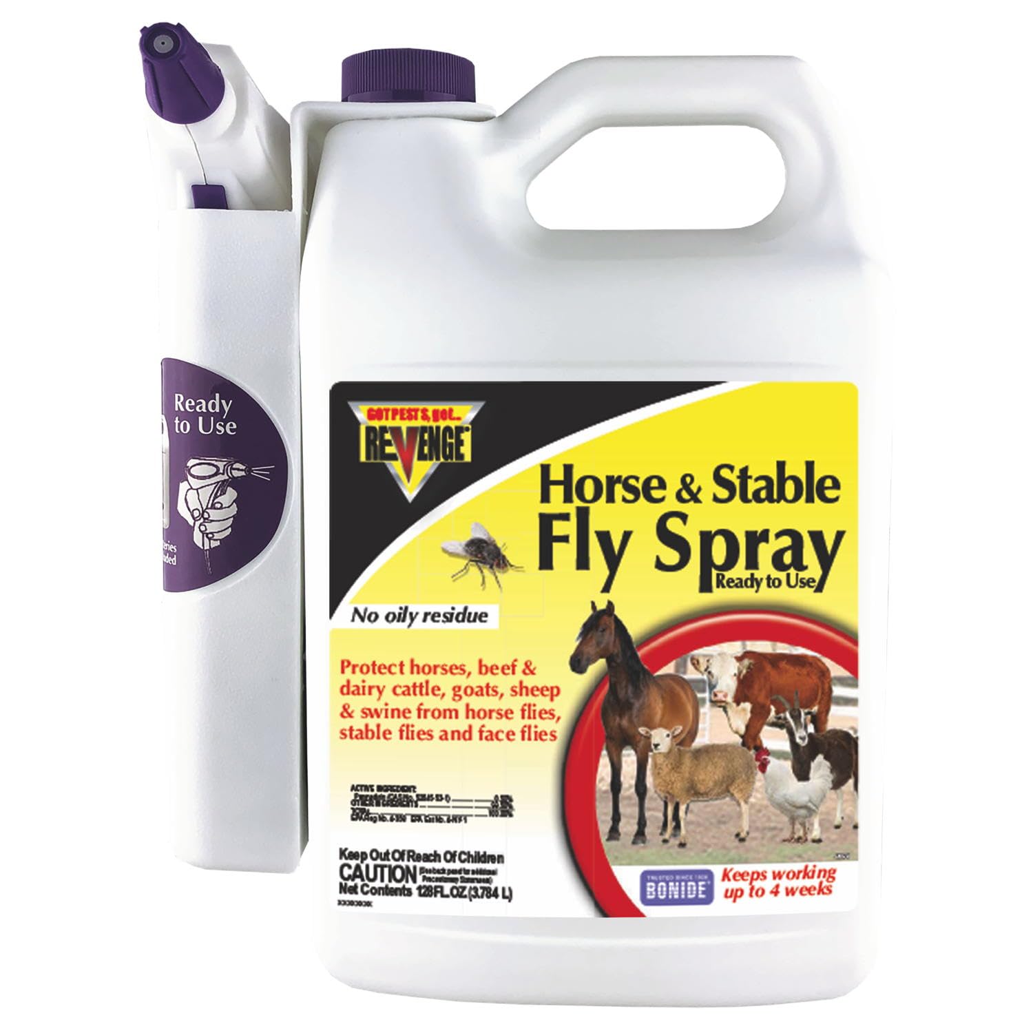 Bonide Revenge horse and stable fly spray bottle ready to protect livestock.