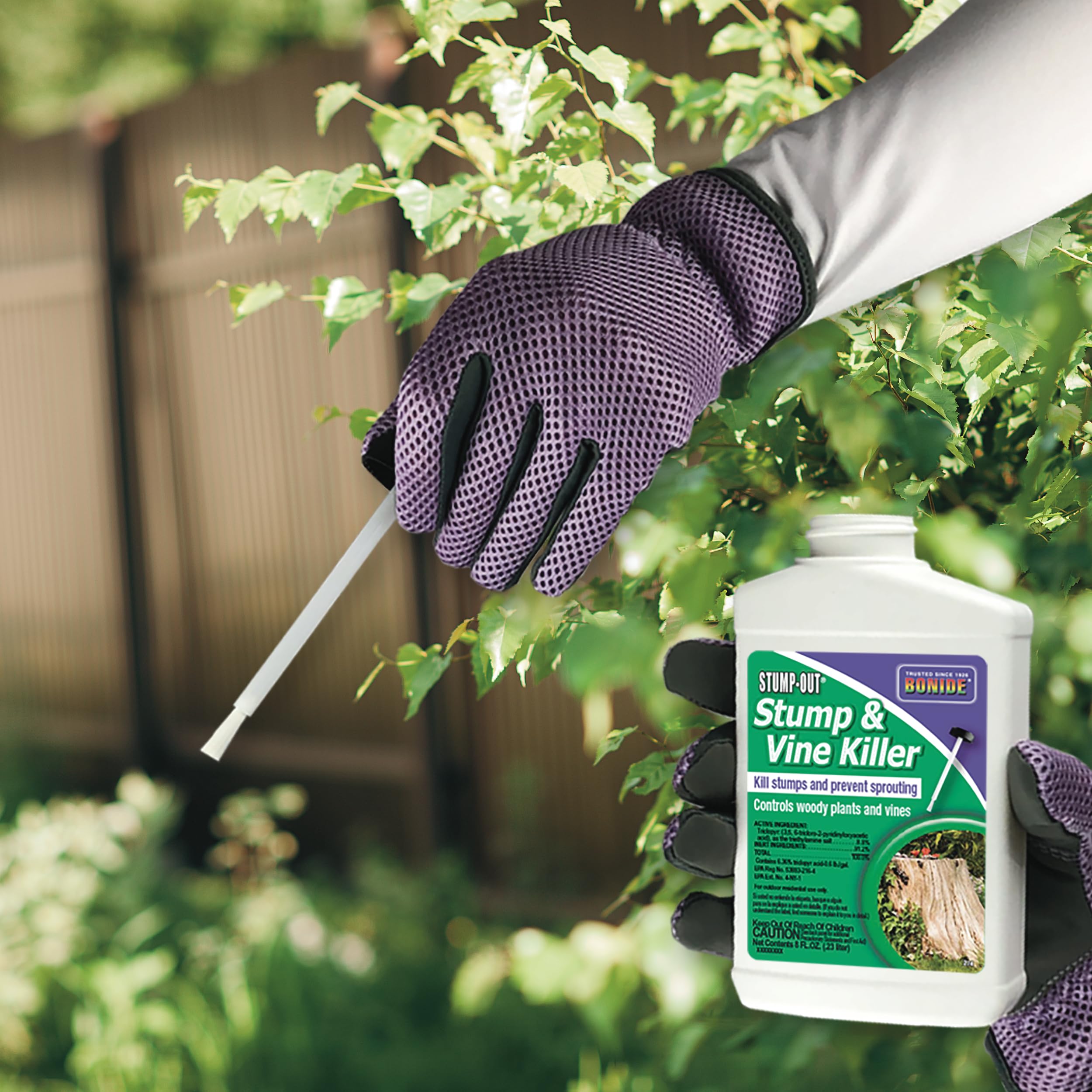 Bonide Stump-Out supports foliar spray use with hose-end or tank sprayers