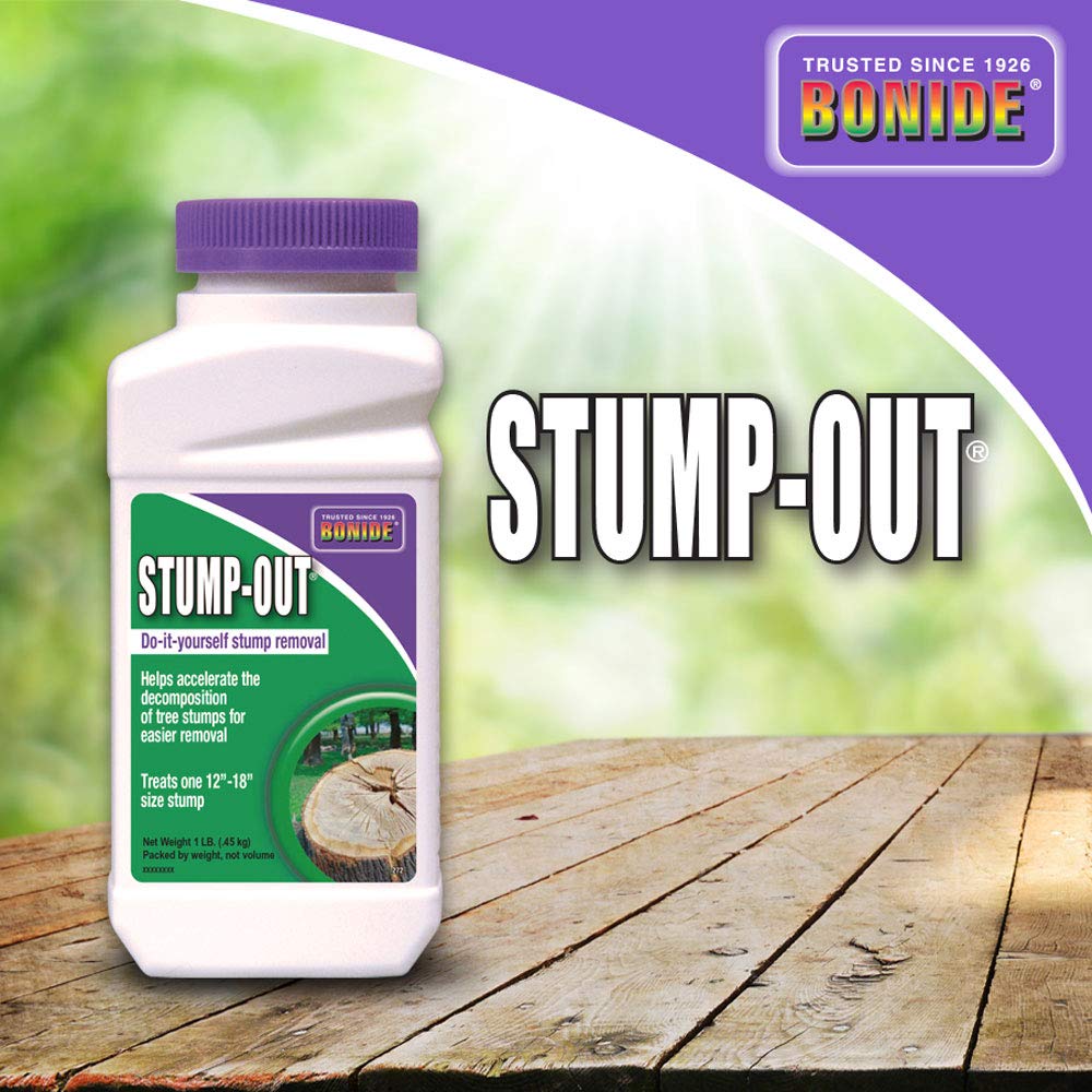 Yard application showing Bonide Stump-Out Granules around a stump.