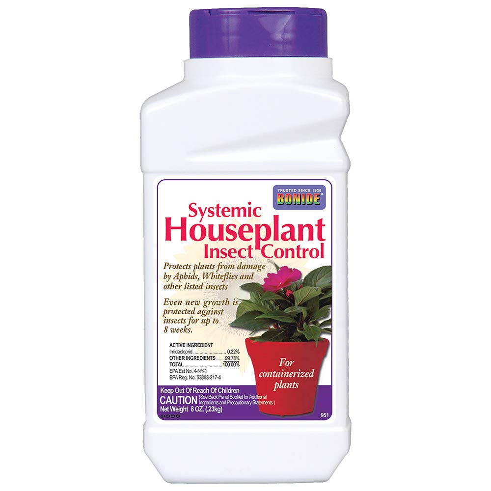 Bonide Systemic Houseplant Insect Control granules on soil for long-lasting protection.