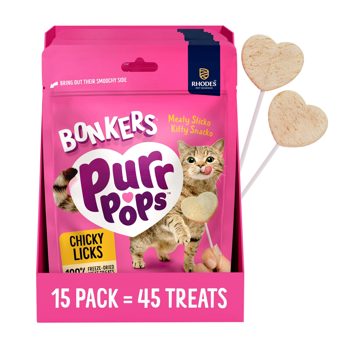 Bonkers Purrpops 15-pack front view, convenient packaging for quick feline treats.