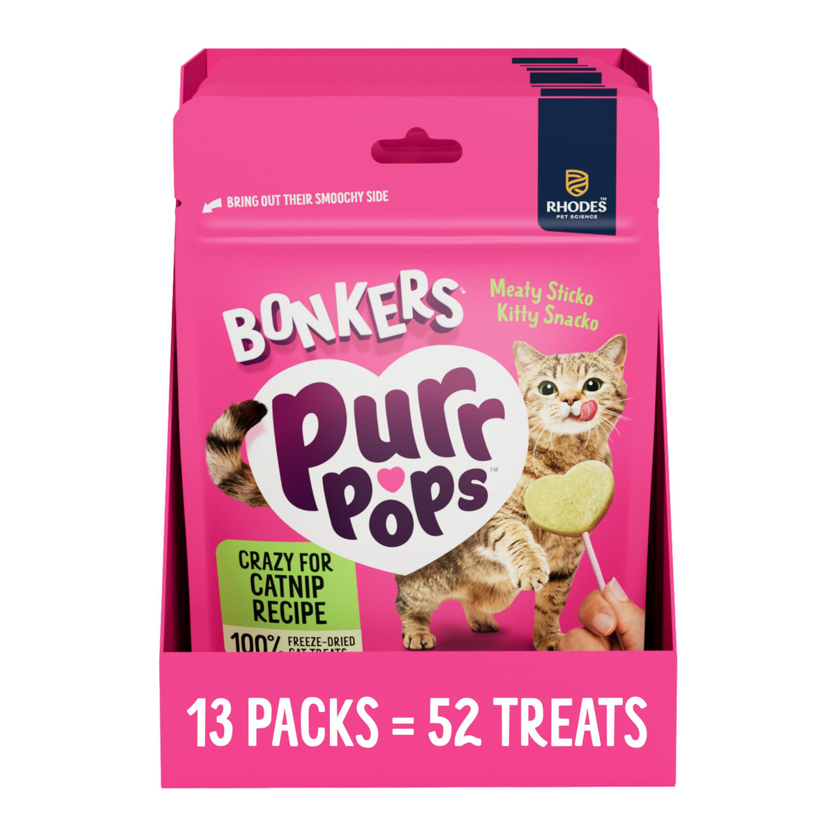 Bonkers Purrpops freeze-dried catnip lollipop on a stick boosts bonding with your cat.