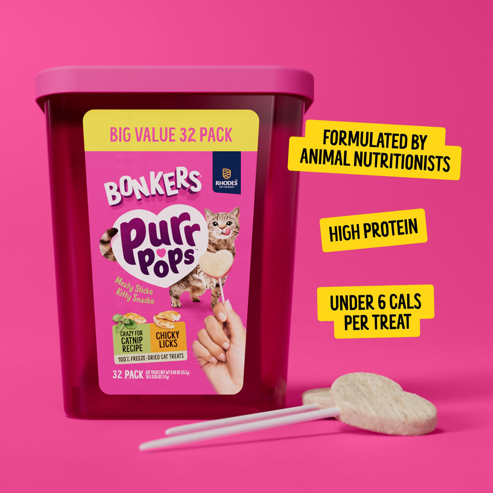 Bonkers Purrpops freeze-dried chicken treat on a stick
