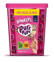 Bonkers Purrpops value-pack tub with 32 lollipops for bonding time