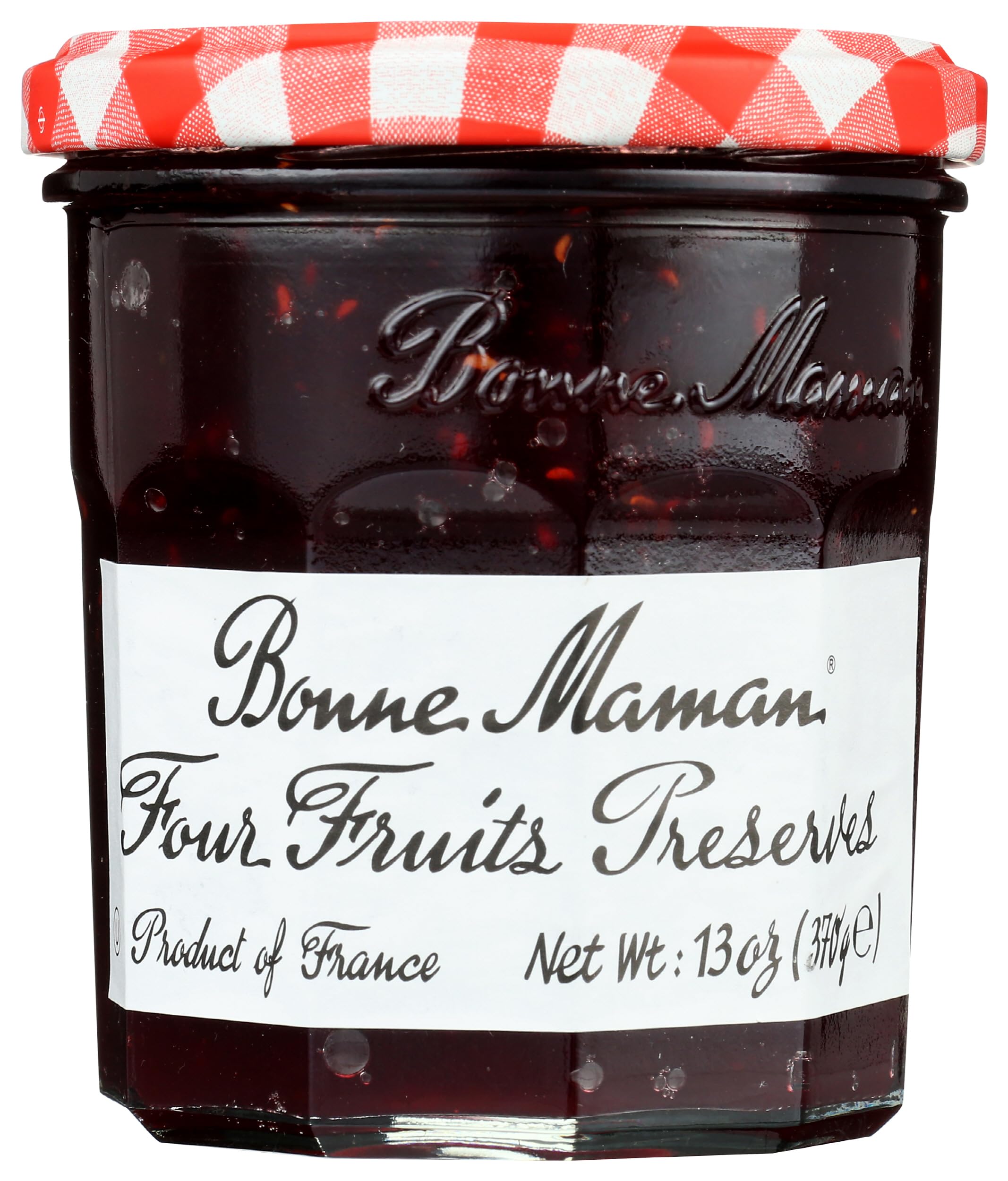 Bonne Maman four fruit preserve jar shows premium quality and vibrant fruit flavors.