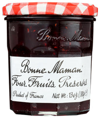 Bonne Maman four fruit preserve jar shows premium quality and vibrant fruit flavors.