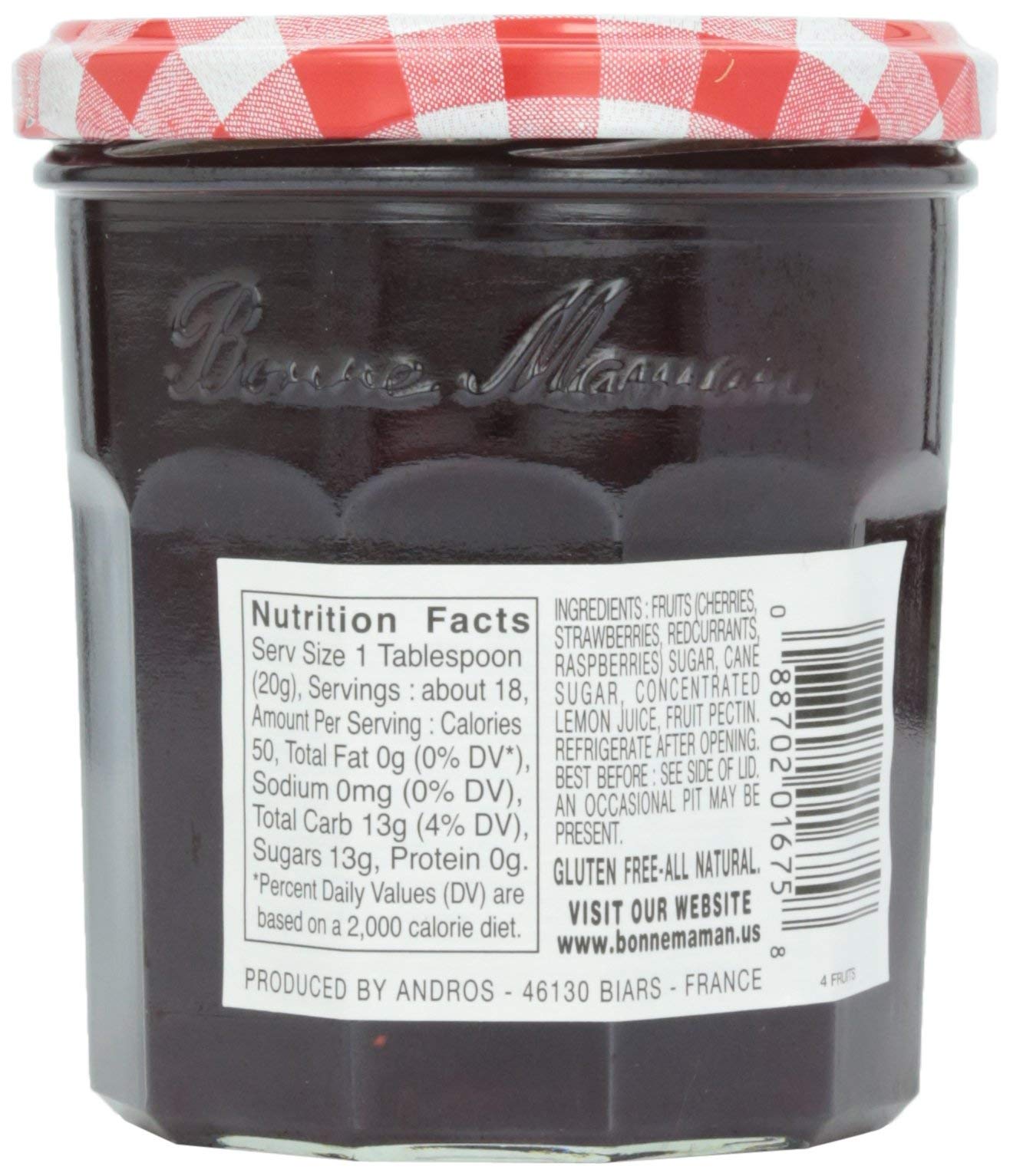 Bonne Maman fruit pieces closeup emphasizes natural ingredients and real fruit bits.