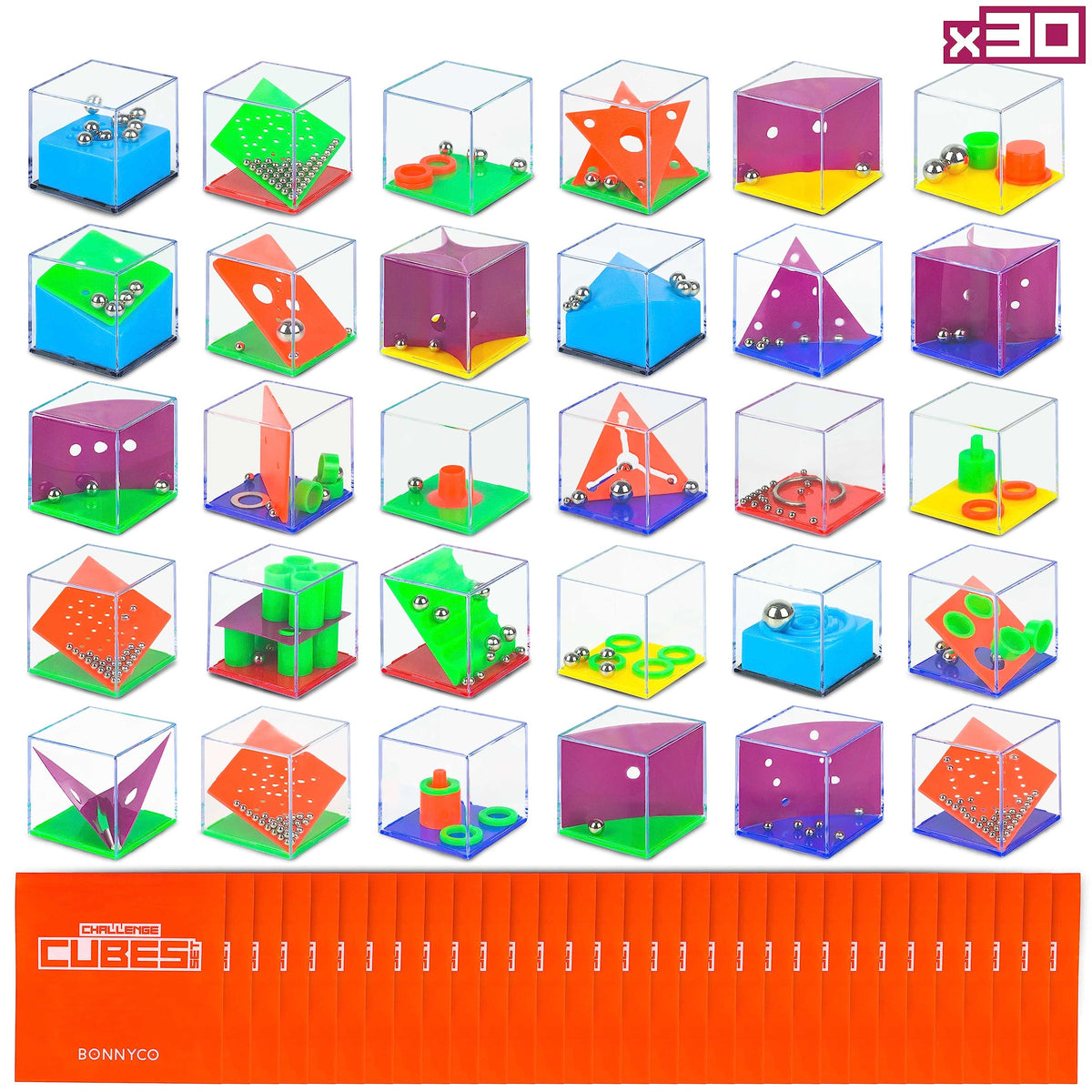 BONNYCO brain teaser cubes in bright colors, ideal as party favors to spark curiosity.
