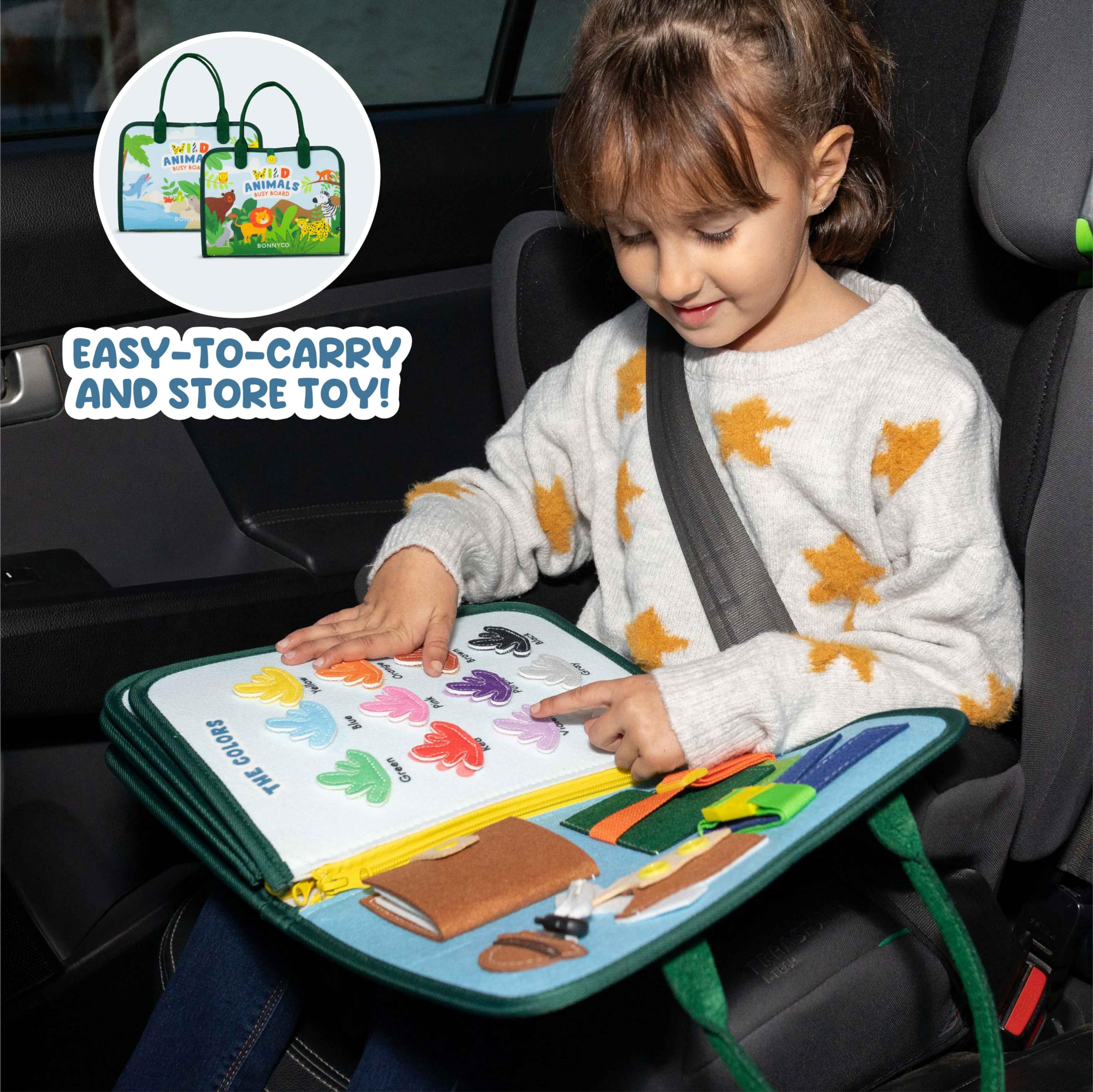 BONNYCO Busy Board story-panel: interactive storytelling prompts imagination.