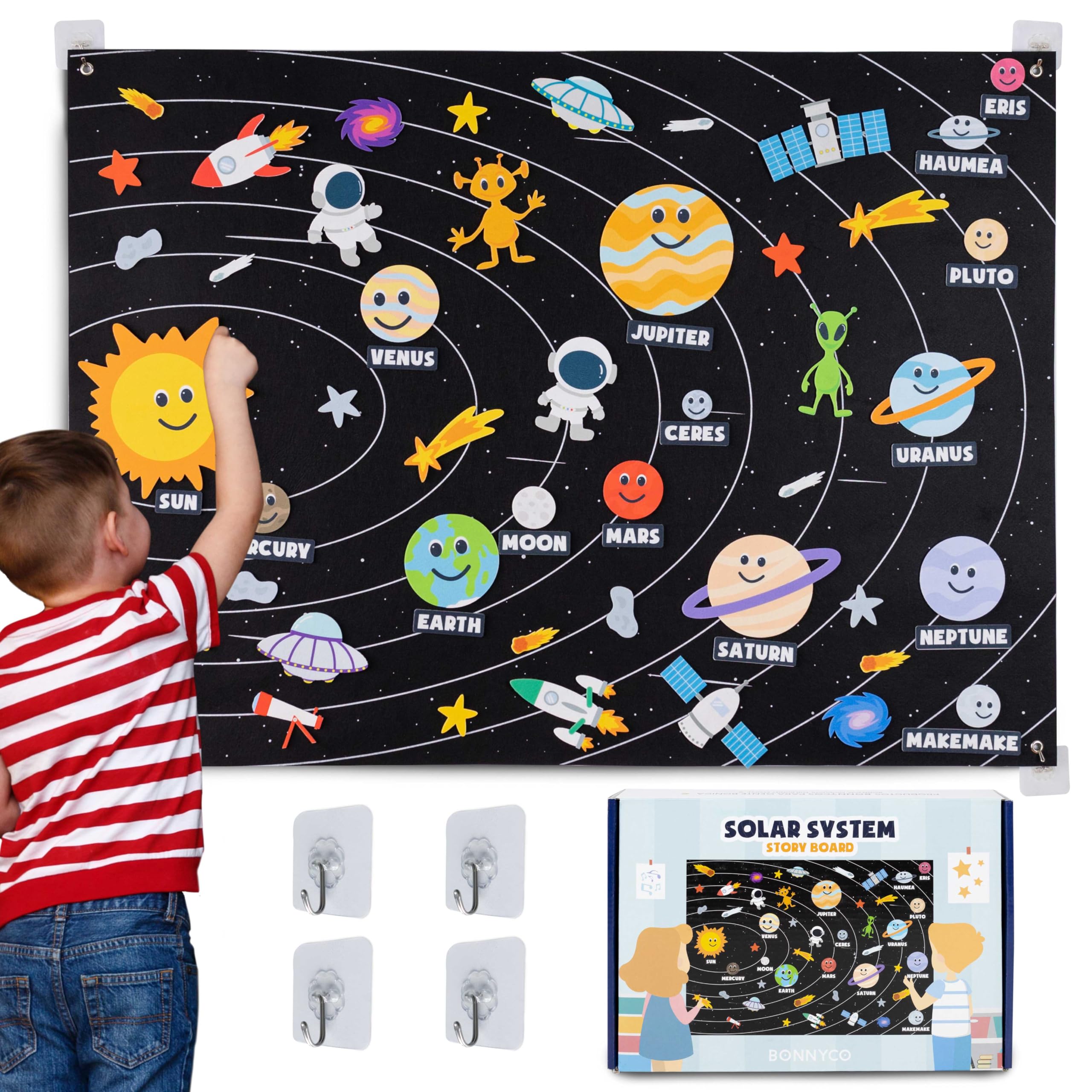 BONNYCO solar system panel with felt planets arranged for hands-on learning.