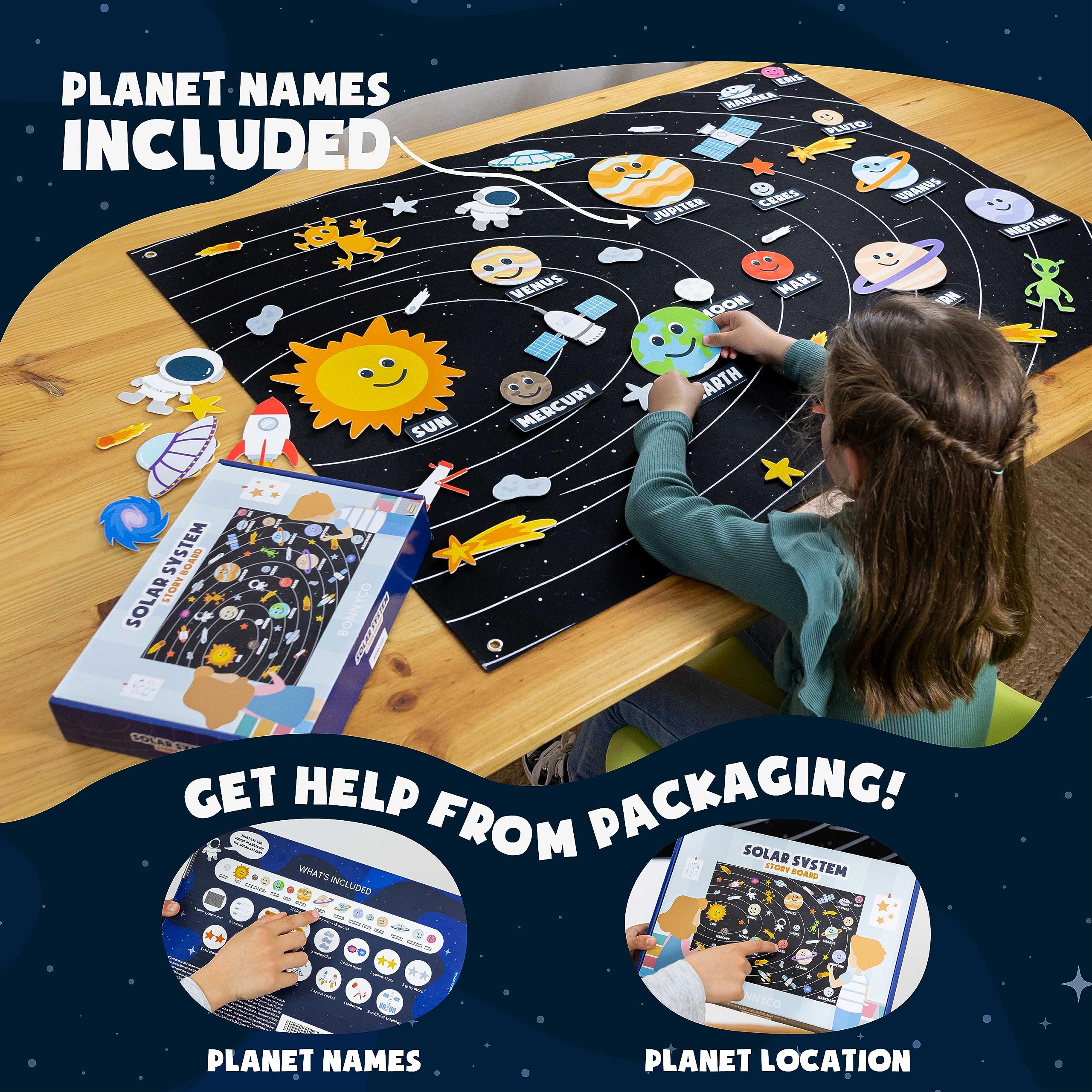 BONNYCO Sun and Moon felt figures for space storytelling.