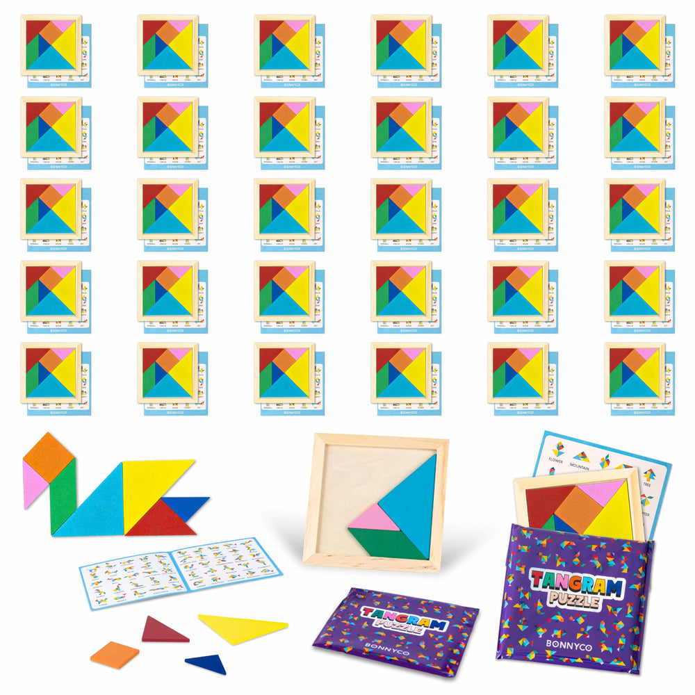 BONNYCO Tangram Puzzle 30-pack with colorful wooden pieces for party favors.