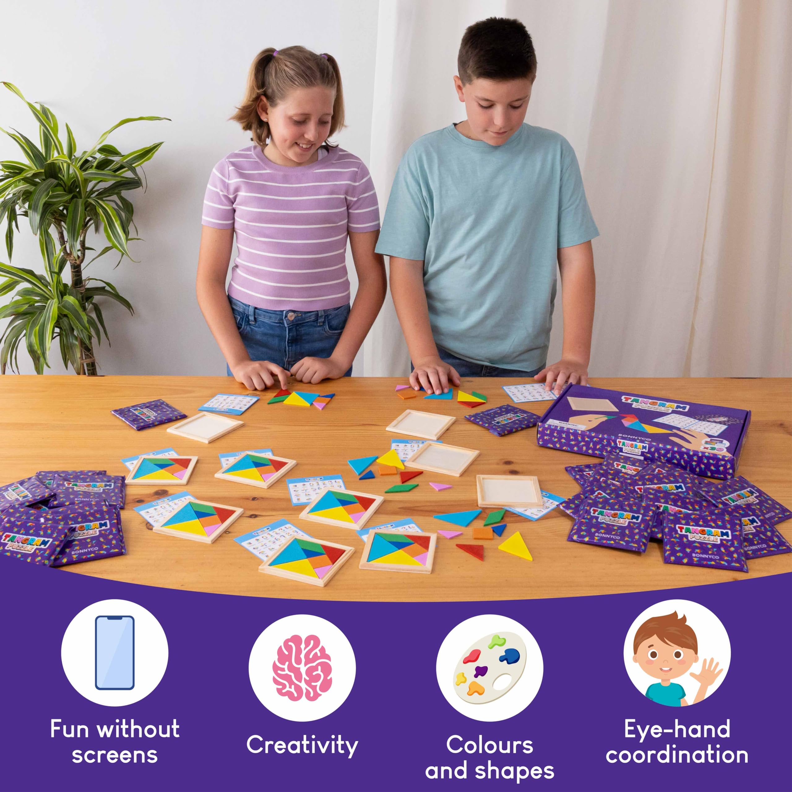 BONNYCO wooden tangram blocks with smooth edges for safe play.