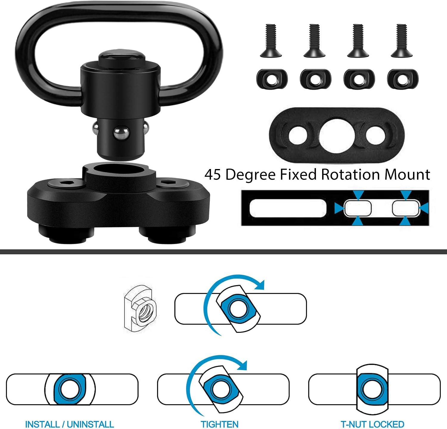 Bontok mount installs quickly with button release and screw-in base.