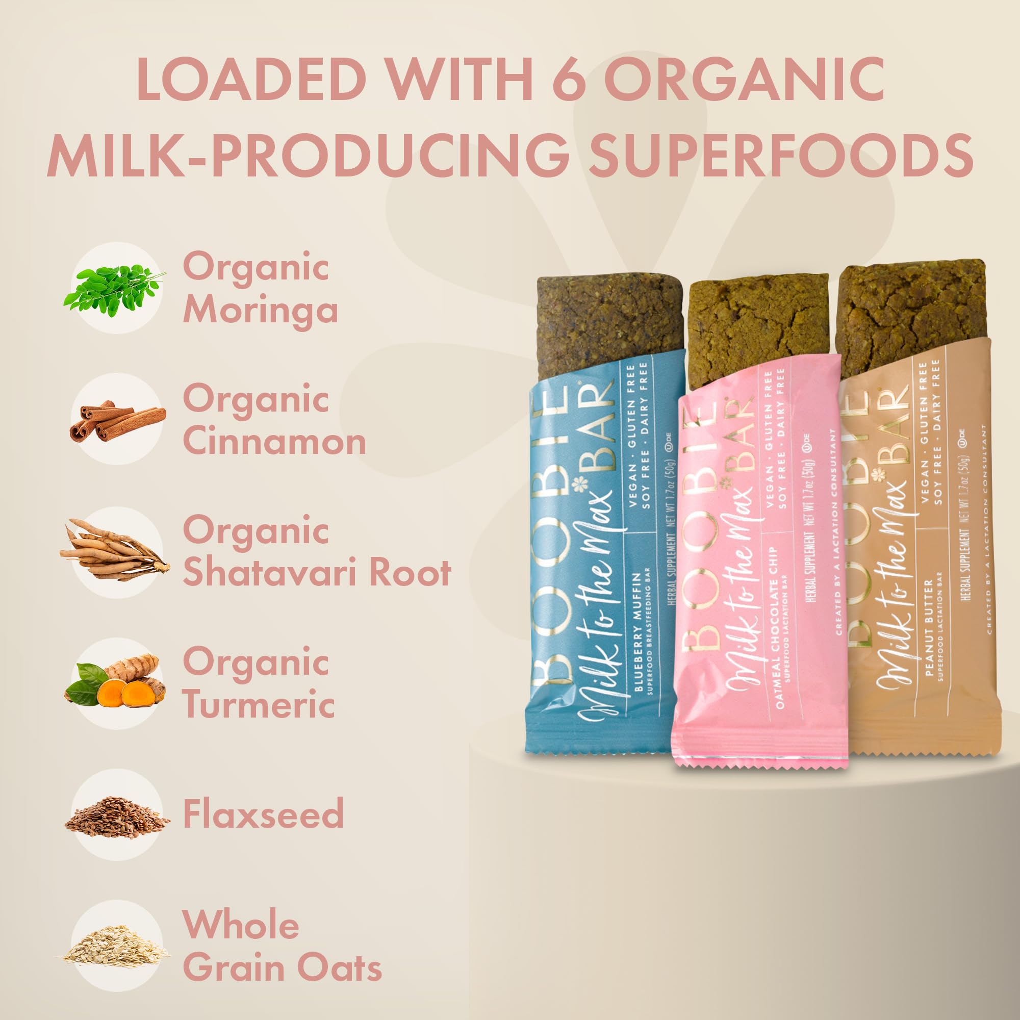 Boobie Bar certification badge visible, emphasizing kosher and non-GMO ingredients.