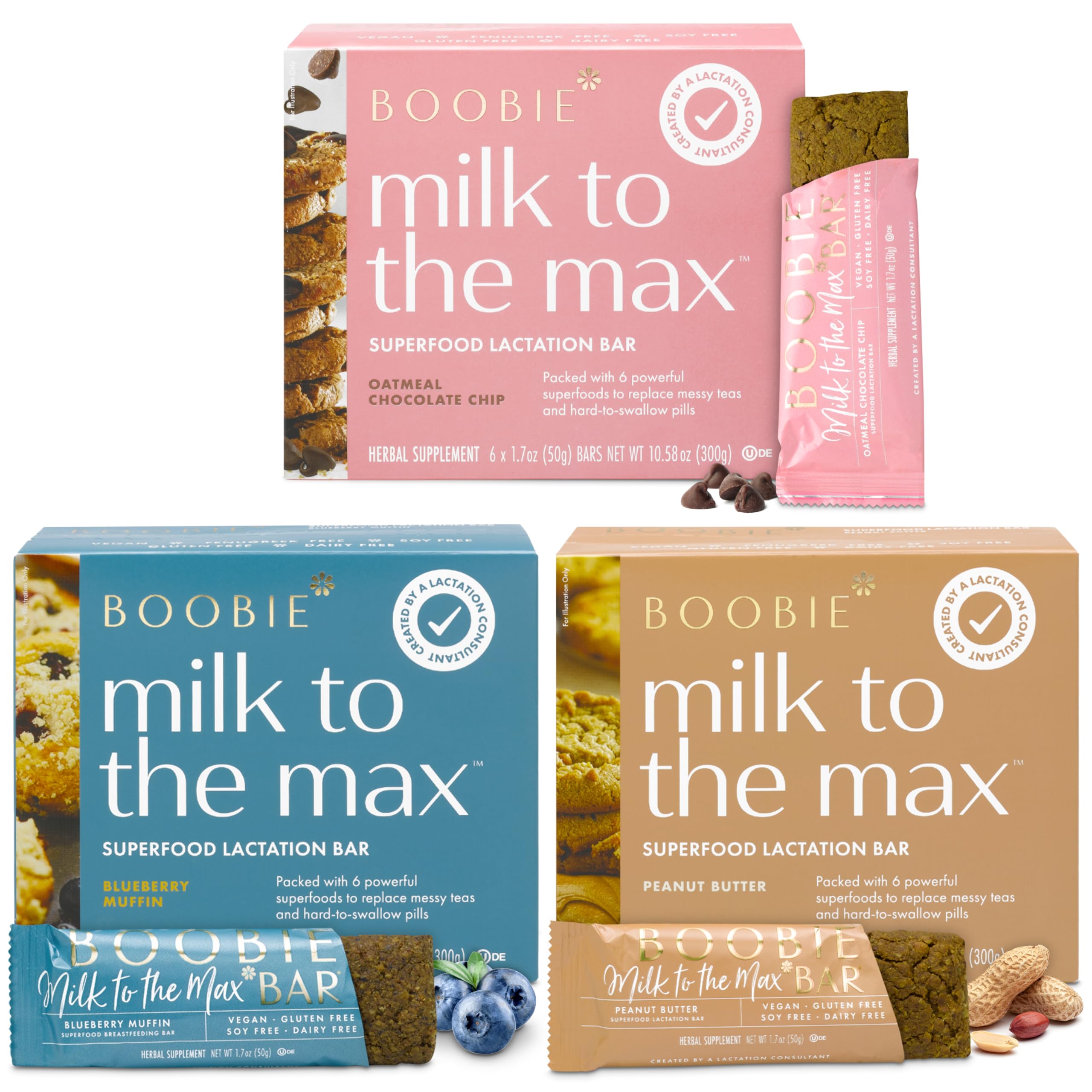 Boobie Bar variety pack box display featuring all three flavors for convenient lactation snacks.