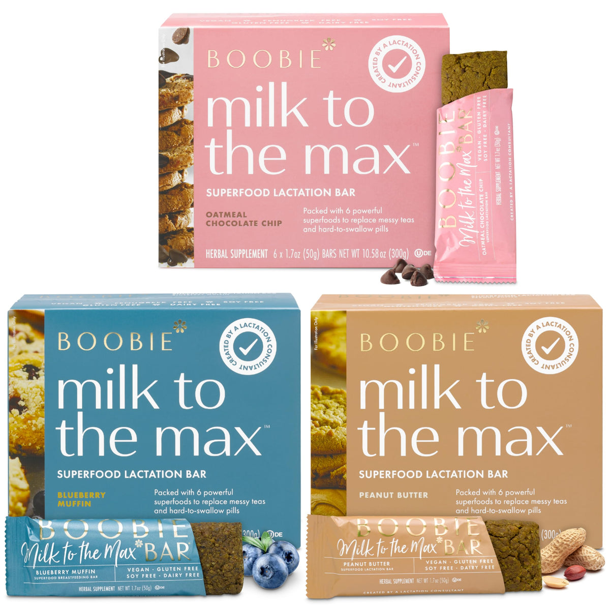 Boobie Bar variety pack box display featuring all three flavors for convenient lactation snacks.